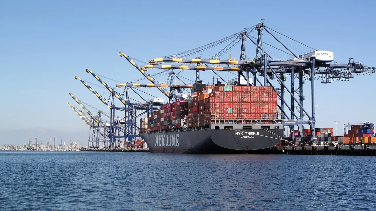 The container ship NYK Themis alongside quay cranes at the Port of Los Angeles